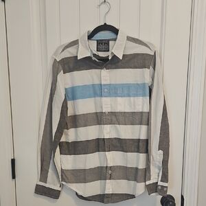 Stylish Men's Striped Button Down Shirt - Gray, White, Blue